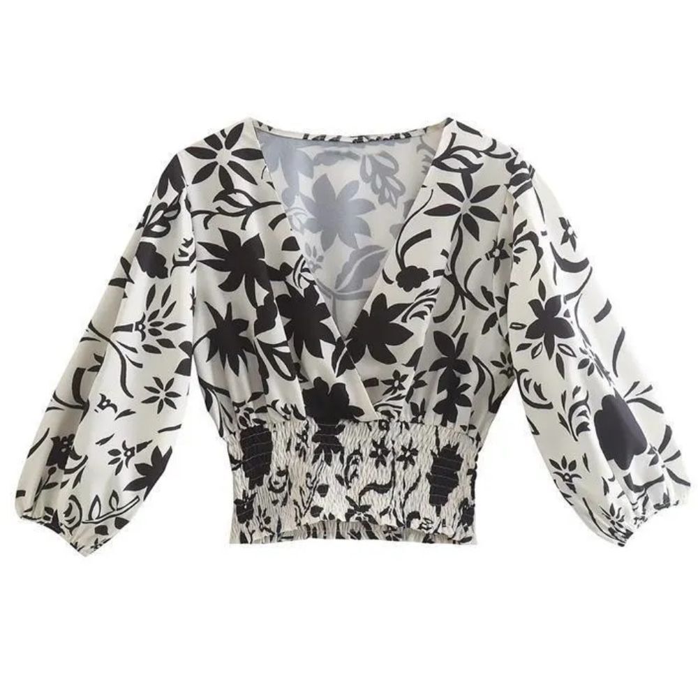 🔹️NWT Zara Cream & Black Floral Cropped 3/4 Puff Sleeve Top Small